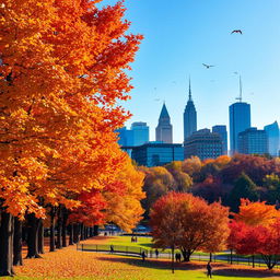 A picturesque autumn city scene showcasing colorful fall foliage with trees in shades of orange, yellow, and red lining the streets