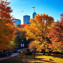 A picturesque autumn city scene showcasing colorful fall foliage with trees in shades of orange, yellow, and red lining the streets