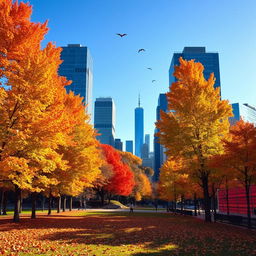 A picturesque autumn city scene showcasing colorful fall foliage with trees in shades of orange, yellow, and red lining the streets