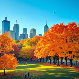 A picturesque autumn city scene showcasing colorful fall foliage with trees in shades of orange, yellow, and red lining the streets