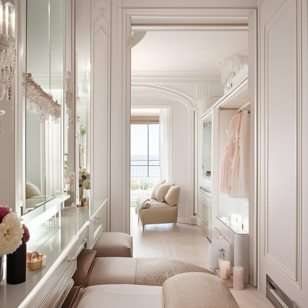 A sophisticated bedroom, featuring a white bed, a large, royal makeup table complete with mirror, a sliding wardrobe and shoe case adjacent to the bed and a designer white wall leading to a picturesque balcony.