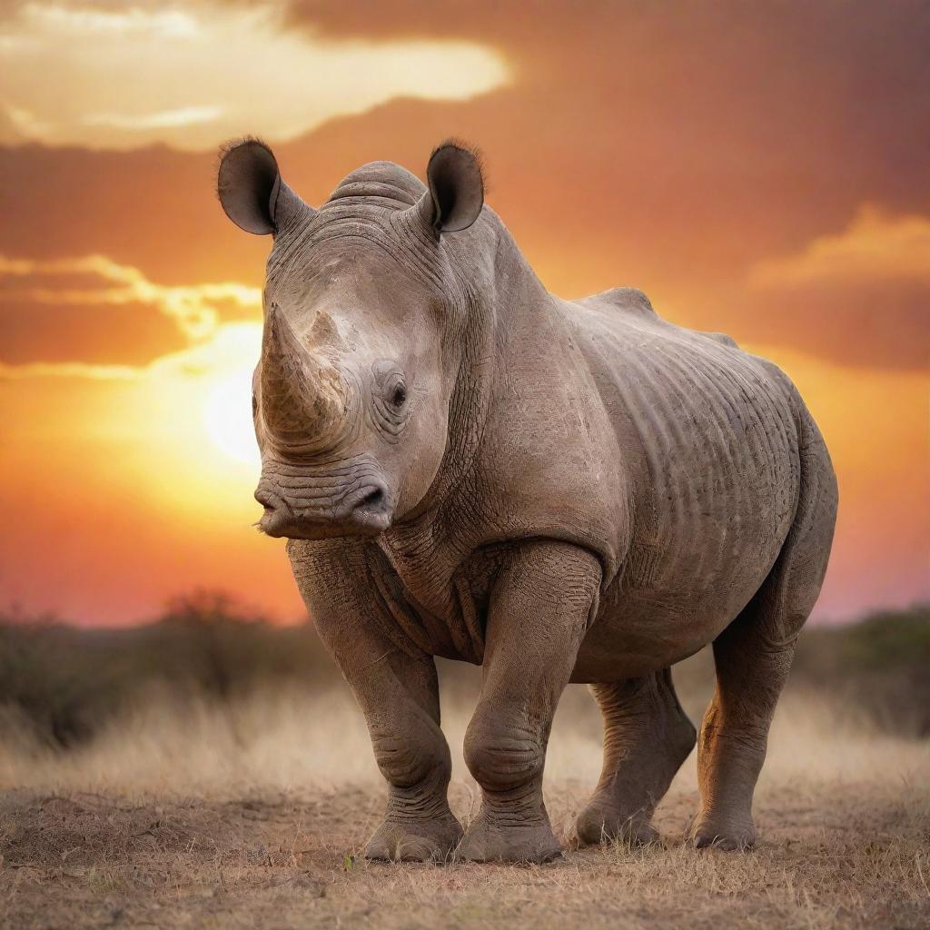 A majestic rhinoceros unfurling large, feathered wings against a breathtaking sunset