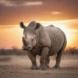 A majestic rhinoceros unfurling large, feathered wings against a breathtaking sunset