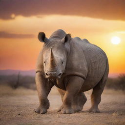 A majestic rhinoceros unfurling large, feathered wings against a breathtaking sunset