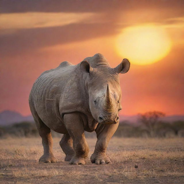 A majestic rhinoceros unfurling large, feathered wings against a breathtaking sunset