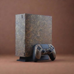 a PlayStation 5 console designed with the intricate art and patterns inspired by Rustam and Shahnameh, legendary Persian heroic figures