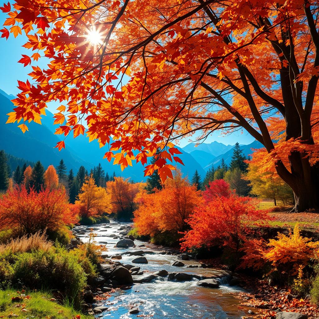 A beautiful and realistic wallpaper featuring a serene autumn landscape, adorned with vibrant orange, red, and yellow leaves