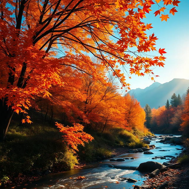 A beautiful and realistic wallpaper featuring a serene autumn landscape, adorned with vibrant orange, red, and yellow leaves