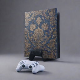 a PlayStation 5 console designed with the intricate art and patterns inspired by Rustam and Shahnameh, legendary Persian heroic figures