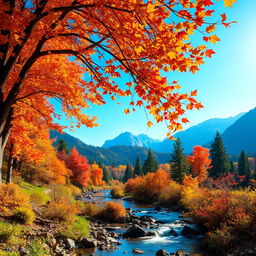 A beautiful and realistic wallpaper featuring a serene autumn landscape, adorned with vibrant orange, red, and yellow leaves