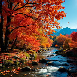 A beautiful and realistic wallpaper featuring a serene autumn landscape, adorned with vibrant orange, red, and yellow leaves