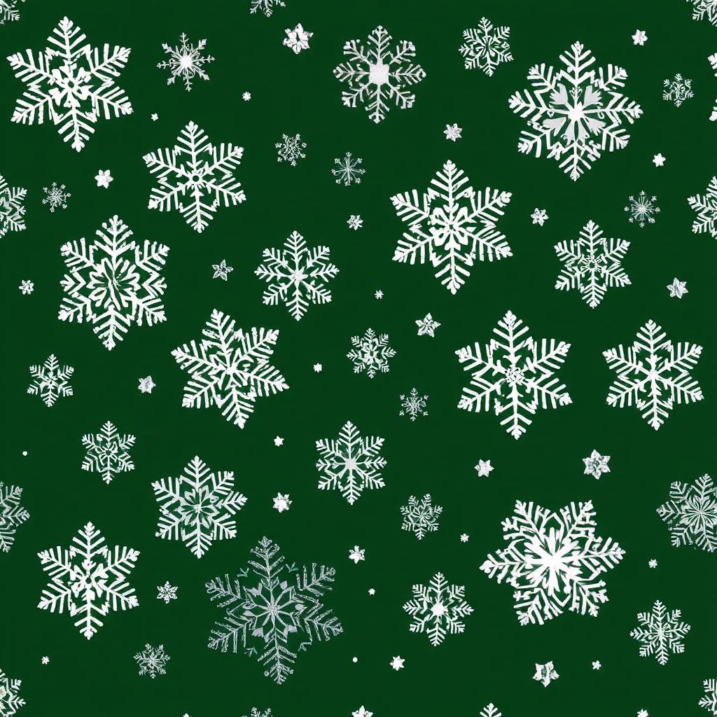 A beautiful wallpaper featuring intricate large and small snowflakes scattered elegantly against a rich dark green background