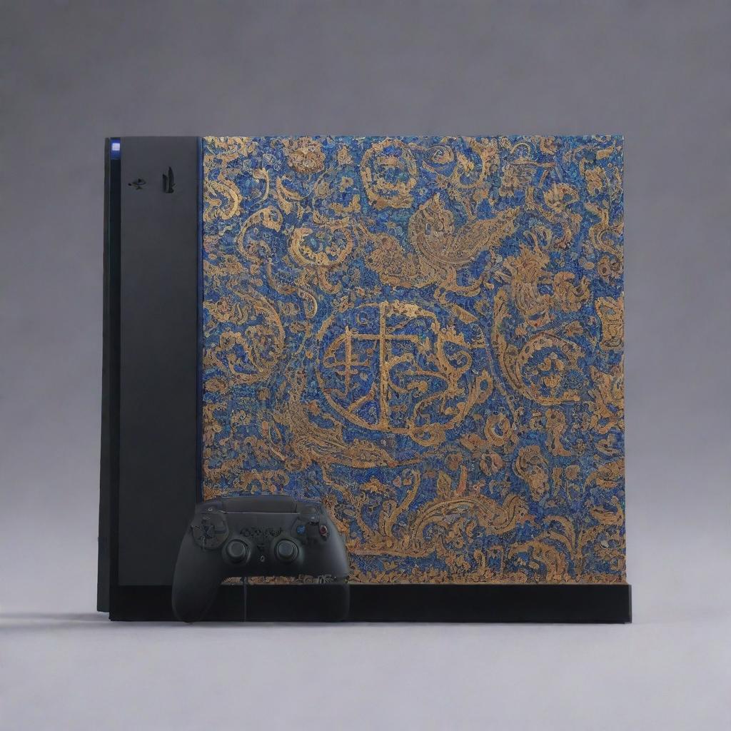 a PlayStation 5 console designed with the intricate art and patterns inspired by Rustam and Shahnameh, legendary Persian heroic figures