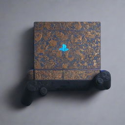 a PlayStation 5 console designed with the intricate art and patterns inspired by Rustam and Shahnameh, legendary Persian heroic figures