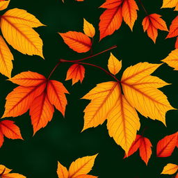 Beautiful wallpaper featuring large autumn leaves in vibrant colors, showcasing shades of yellow, orange, and red against a rich dark green background