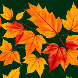 Beautiful wallpaper featuring large autumn leaves in vibrant colors, showcasing shades of yellow, orange, and red against a rich dark green background