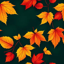 Beautiful wallpaper featuring large autumn leaves in vibrant colors, showcasing shades of yellow, orange, and red against a rich dark green background