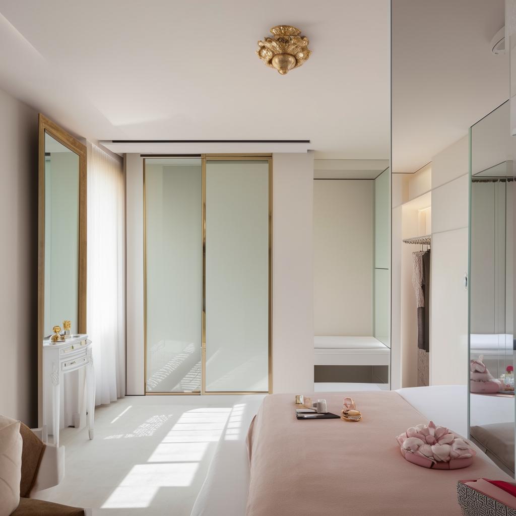 A sophisticated bedroom, featuring a white bed, a large, royal makeup table complete with mirror, a sliding wardrobe and shoe case adjacent to the bed and a designer white wall leading to a picturesque balcony.