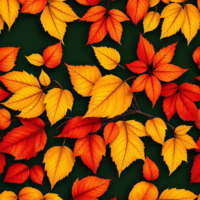 Beautiful wallpaper featuring large autumn leaves in vibrant colors, showcasing shades of yellow, orange, and red against a rich dark green background