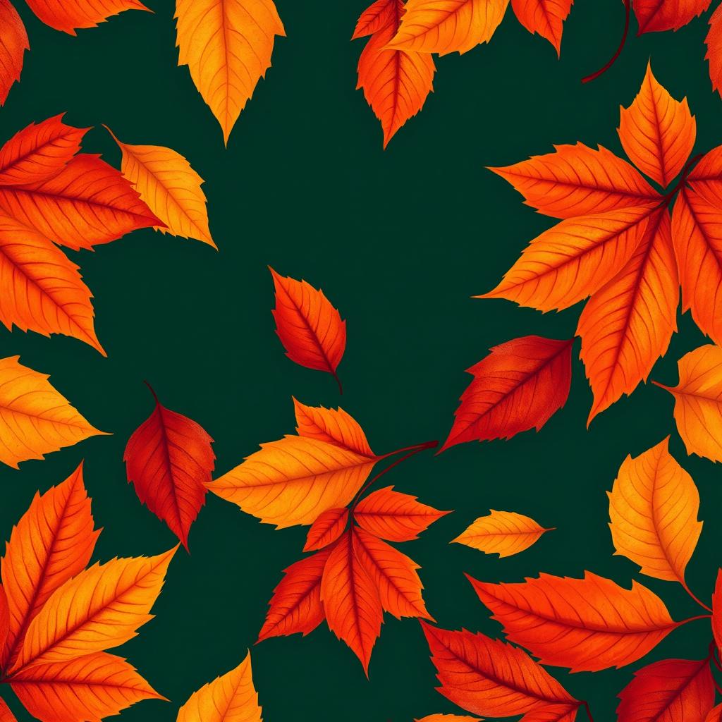 A beautifully detailed wallpaper featuring large autumn leaves in vibrant oranges, reds, and yellows set against a rich dark green background