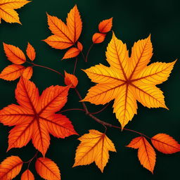 A beautifully detailed wallpaper featuring large autumn leaves in vibrant oranges, reds, and yellows set against a rich dark green background