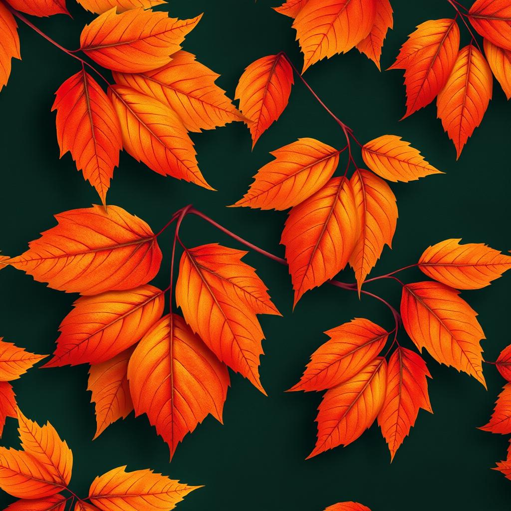 A beautifully detailed wallpaper featuring large autumn leaves in vibrant oranges, reds, and yellows set against a rich dark green background