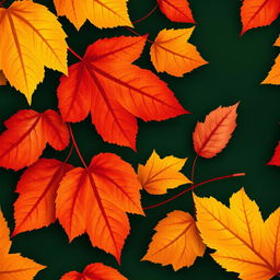 A beautifully detailed wallpaper featuring large autumn leaves in vibrant oranges, reds, and yellows set against a rich dark green background