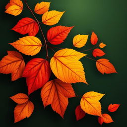 A beautifully detailed wallpaper featuring large autumn leaves in vivid oranges, deep reds, and bright yellows against a rich dark green background