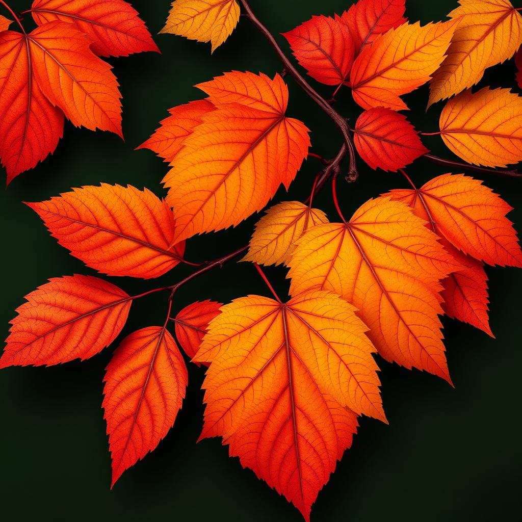 A beautifully detailed wallpaper featuring large autumn leaves in vivid oranges, deep reds, and bright yellows against a rich dark green background