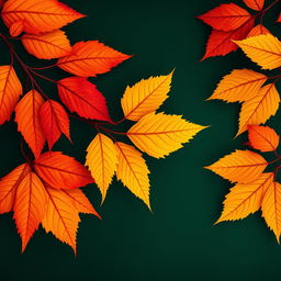 A beautifully detailed wallpaper featuring large autumn leaves in vivid oranges, deep reds, and bright yellows against a rich dark green background