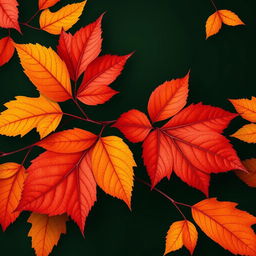 A beautifully detailed wallpaper featuring large autumn leaves in vivid oranges, deep reds, and bright yellows against a rich dark green background