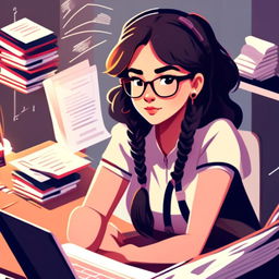 Digital art profile picture of a focused young woman studying software engineering at her desk, surrounded by textbooks, notes, and a laptop displaying code.