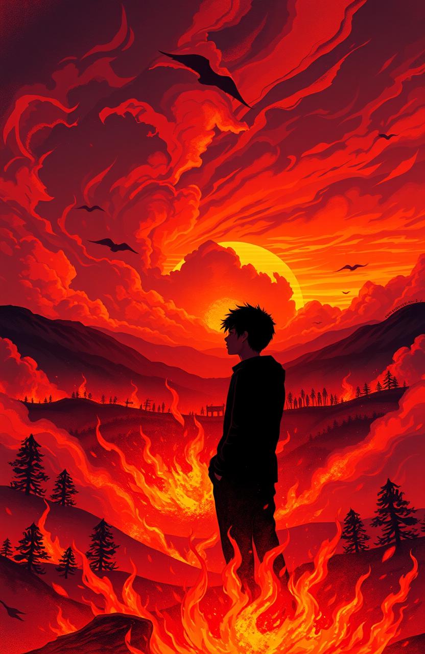 A dramatic and emotional illustration of a fiery sunset, casting an orange and red glow over a vast landscape