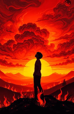 A dramatic and emotional illustration of a fiery sunset, casting an orange and red glow over a vast landscape