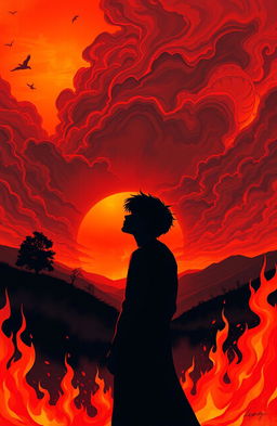 A dramatic and emotional illustration of a fiery sunset, casting an orange and red glow over a vast landscape