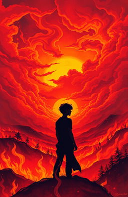 A dramatic and emotional illustration of a fiery sunset, casting an orange and red glow over a vast landscape