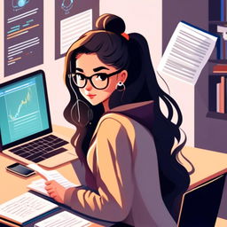 Digital art profile picture of a focused young woman studying software engineering at her desk, surrounded by textbooks, notes, and a laptop displaying code.