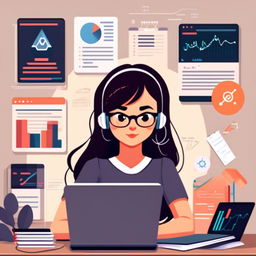 Digital art profile picture of a focused young woman studying software engineering at her desk, surrounded by textbooks, notes, and a laptop displaying code.