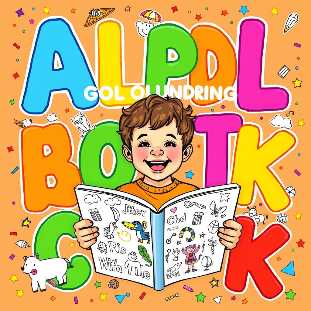 A colorful and playful cover for a children's coloring book, featuring large, bold letters of the alphabet in bright primary colors