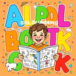 A colorful and playful cover for a children's coloring book, featuring large, bold letters of the alphabet in bright primary colors