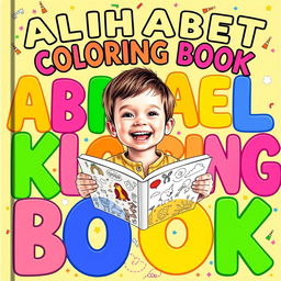 A colorful and playful cover for a children's coloring book, featuring large, bold letters of the alphabet in bright primary colors