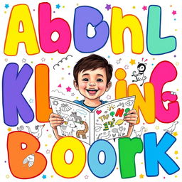 A colorful and playful cover for a children's coloring book, featuring large, bold letters of the alphabet in bright primary colors