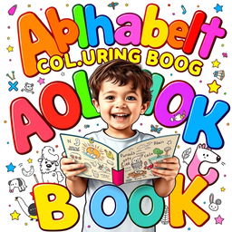 A colorful and playful cover for a children's coloring book, featuring large, bold letters of the alphabet in bright primary colors