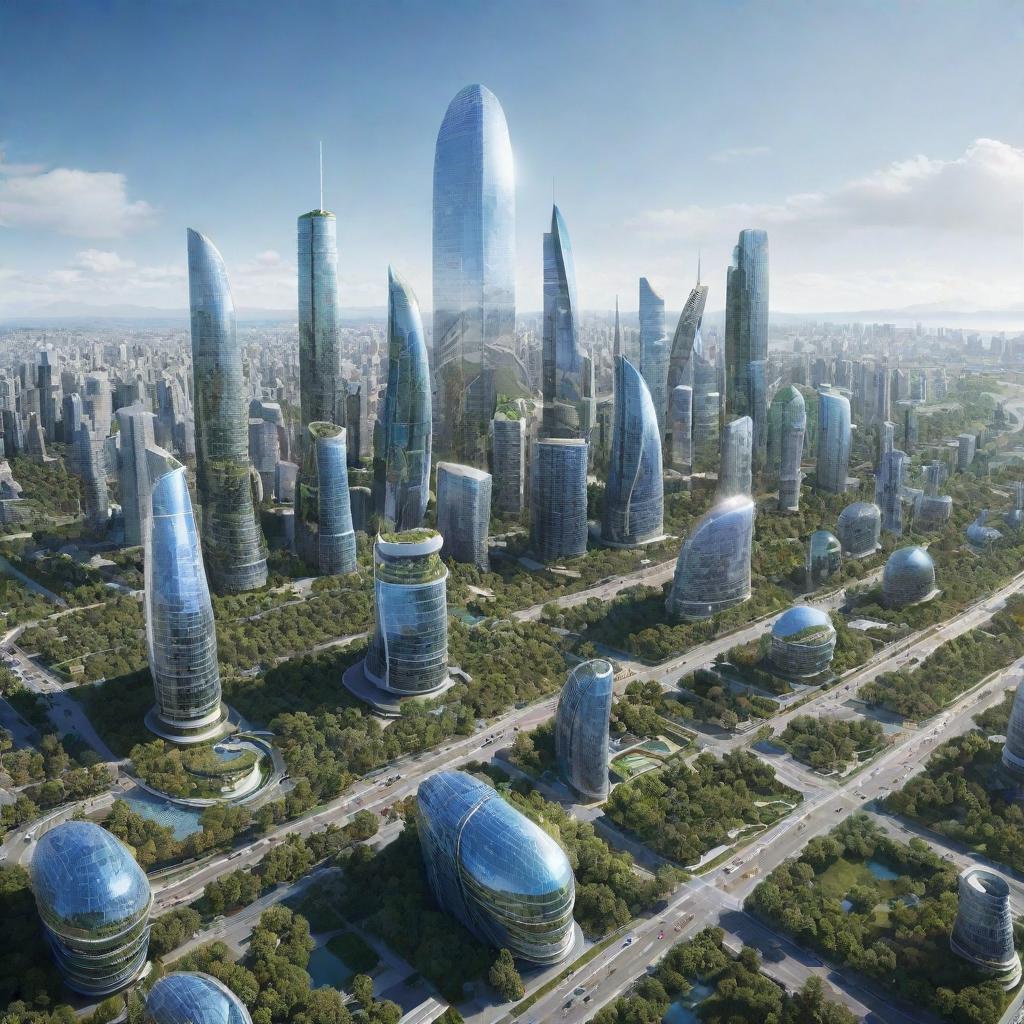 Depict the Earth 100 years in the future. Showcase advanced cities with futuristic architecture, enhanced green spaces, and evolved technology, under a clear blue sky.