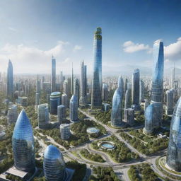 Depict the Earth 100 years in the future. Showcase advanced cities with futuristic architecture, enhanced green spaces, and evolved technology, under a clear blue sky.