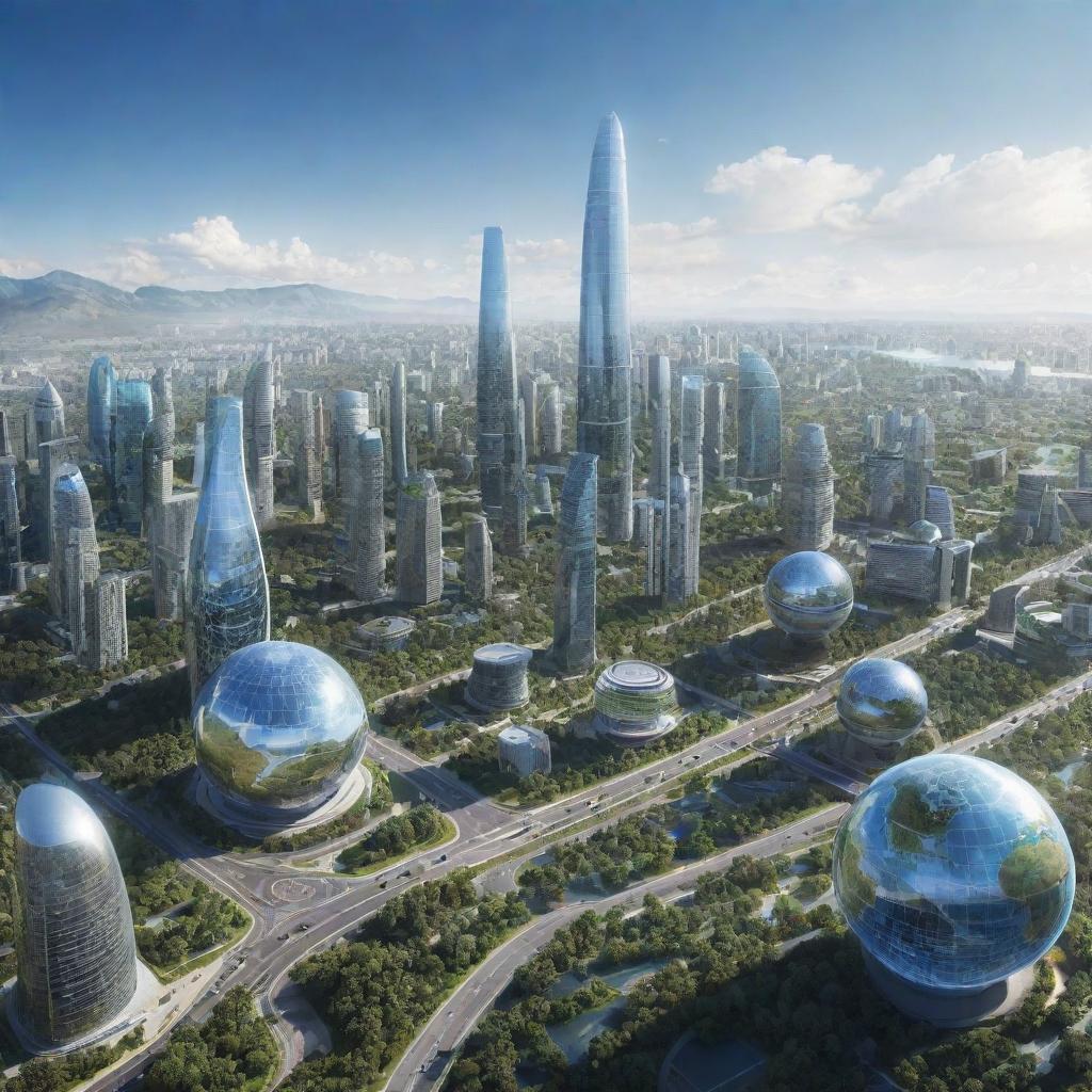 Depict the Earth 100 years in the future. Showcase advanced cities with futuristic architecture, enhanced green spaces, and evolved technology, under a clear blue sky.