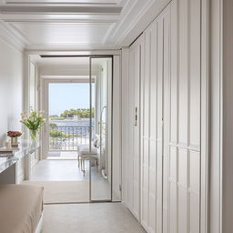 A sophisticated bedroom, featuring a white bed, a large, royal makeup table complete with mirror, a sliding wardrobe and shoe case adjacent to the bed and a designer white wall leading to a picturesque balcony.