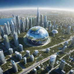 Depict the Earth 100 years in the future. Showcase advanced cities with futuristic architecture, enhanced green spaces, and evolved technology, under a clear blue sky.