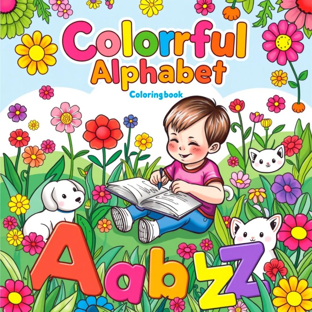 A delightful and colorful cover for a children's coloring book titled 'Colorful Alphabet: A to Z'