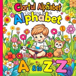 A delightful and colorful cover for a children's coloring book titled 'Colorful Alphabet: A to Z'